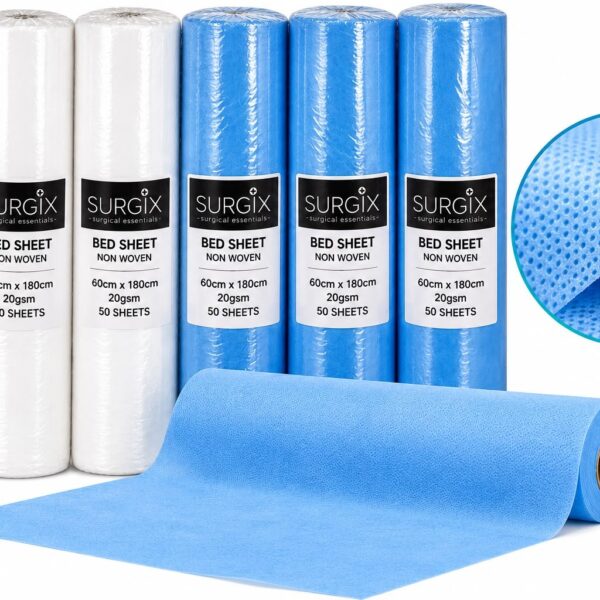 SURGIX non-woven disposable bed sheet rolls 60 x 180 cm in white and blue