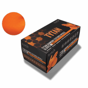 <b>Orange Tytan Diamond Textured Nitrile Gloves:</b> Box R230 (1 Box), <br> Case R2100 (10 Boxes)