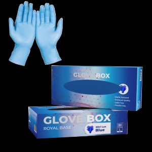 Box of blue disposable nitrile gloves labeled “Glove Box Royal Base” with a pair of blue gloves displayed above.