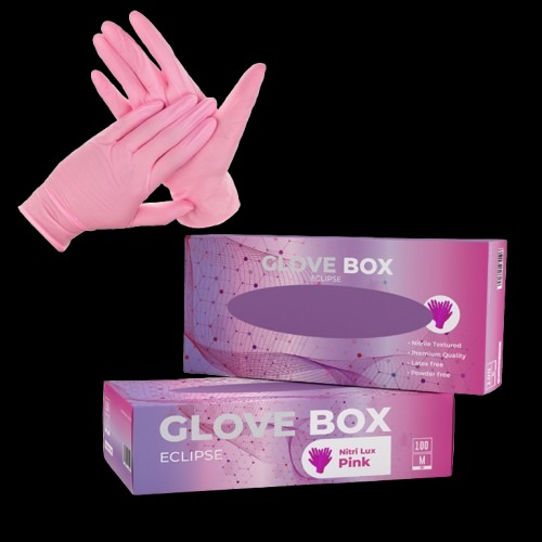 Disposable light pink gloves and glove box