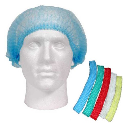 Disposable blue hair net worn on a mannequin head with additional hair nets in various colors displayed alongside.