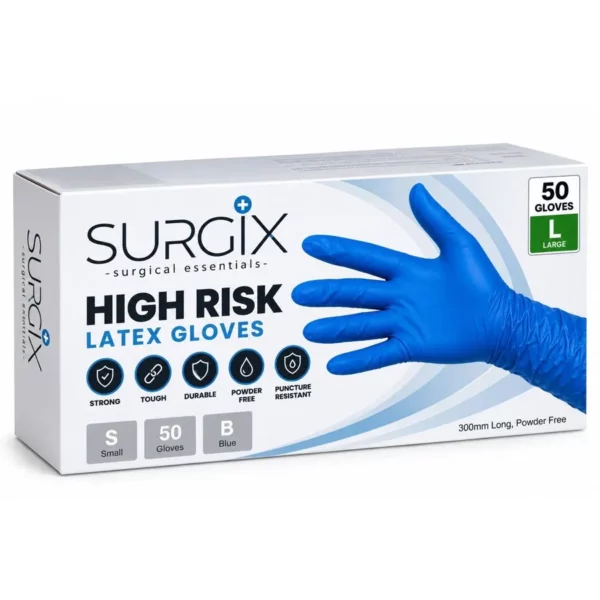 High Risk Blue Latex Gloves – 300mm Powder Free